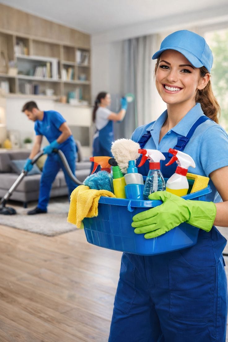 Professional cleaners cleaning a modern living room in Dar es Salaam